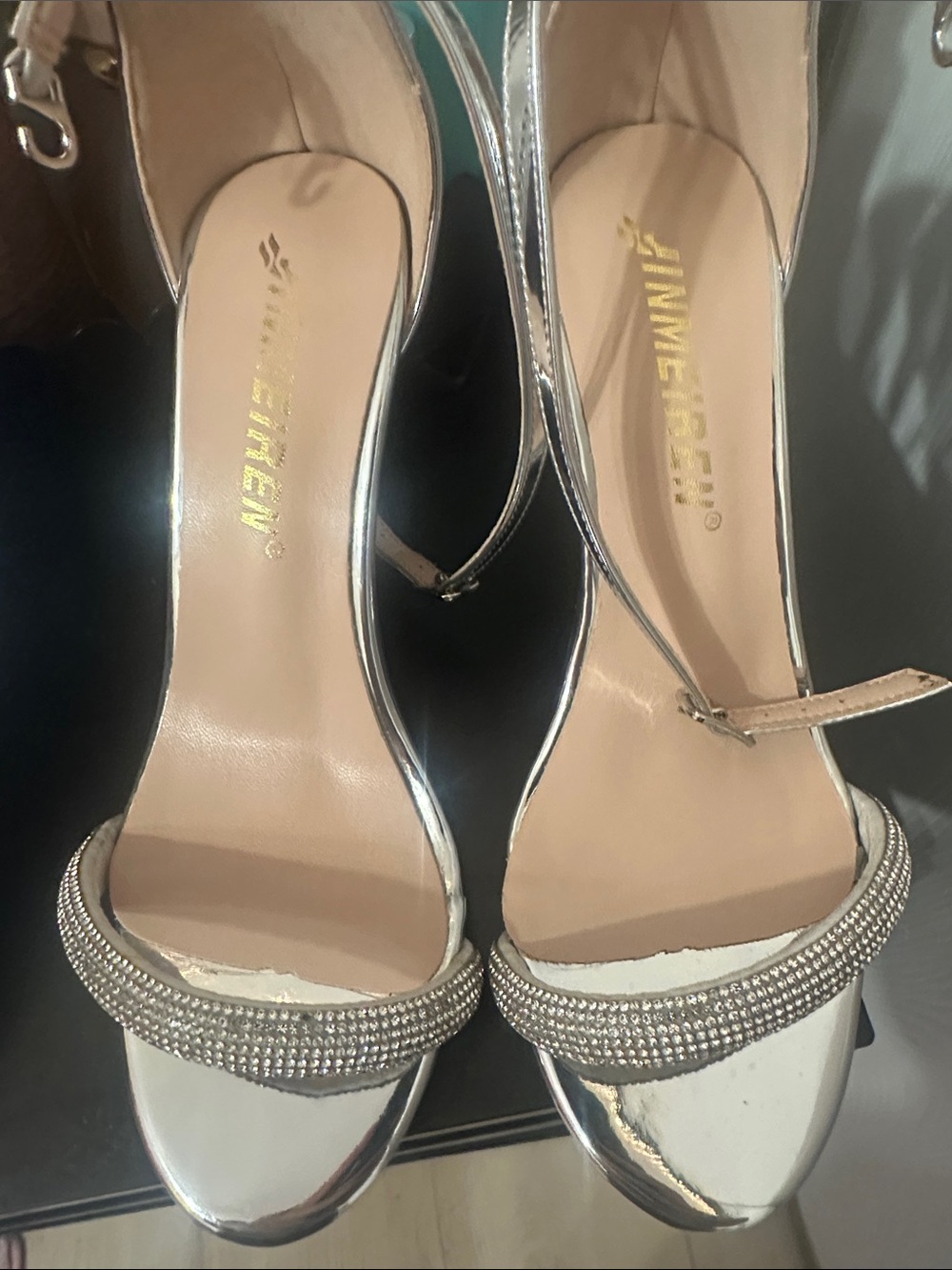 Silver Ankle-Strap Evening Heels with Rhinestone Strap